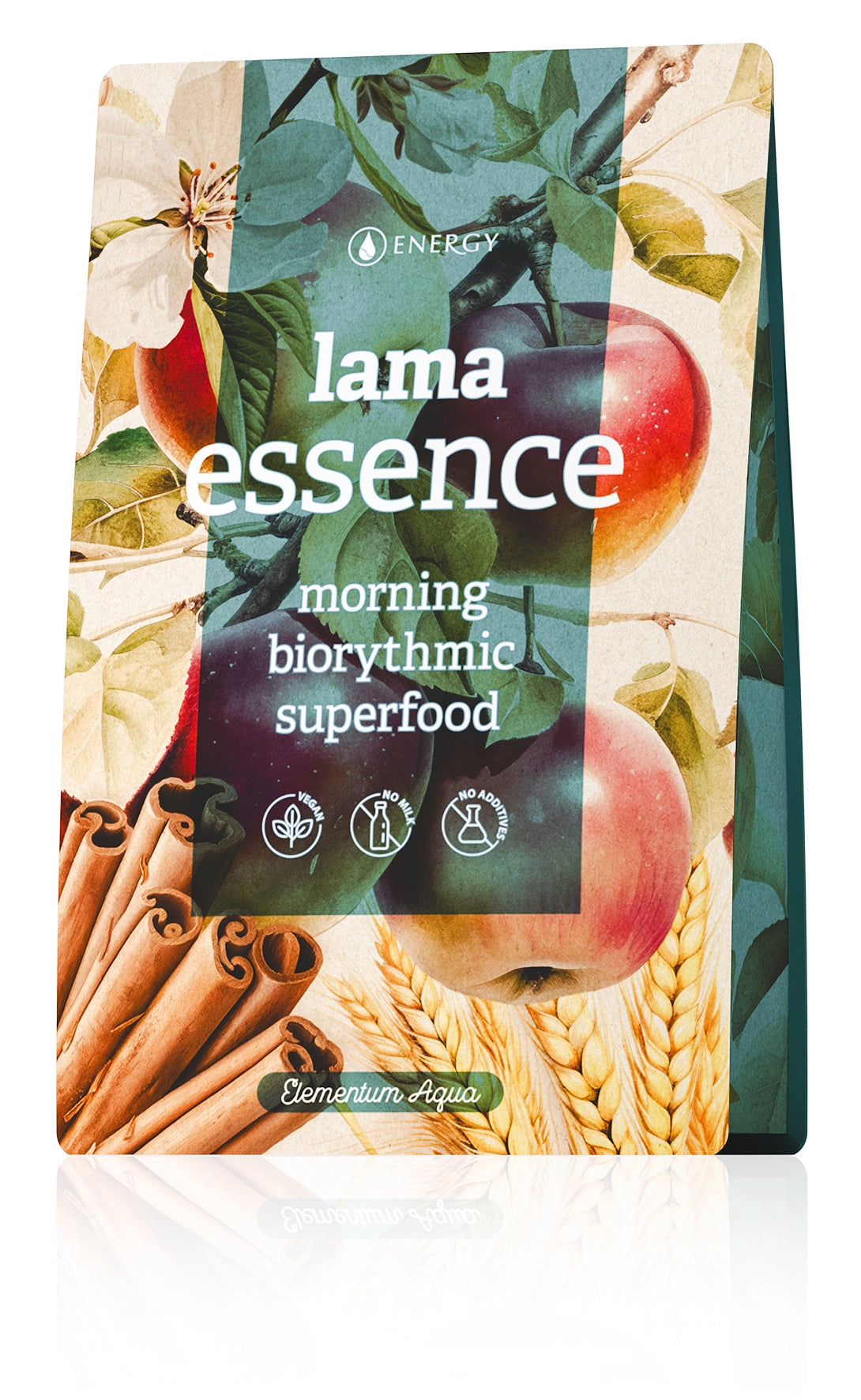 Packaging of 'Lama essence' featuring an apple, cinnamon sticks, and wheat, indicating a healthy, organic porridge.