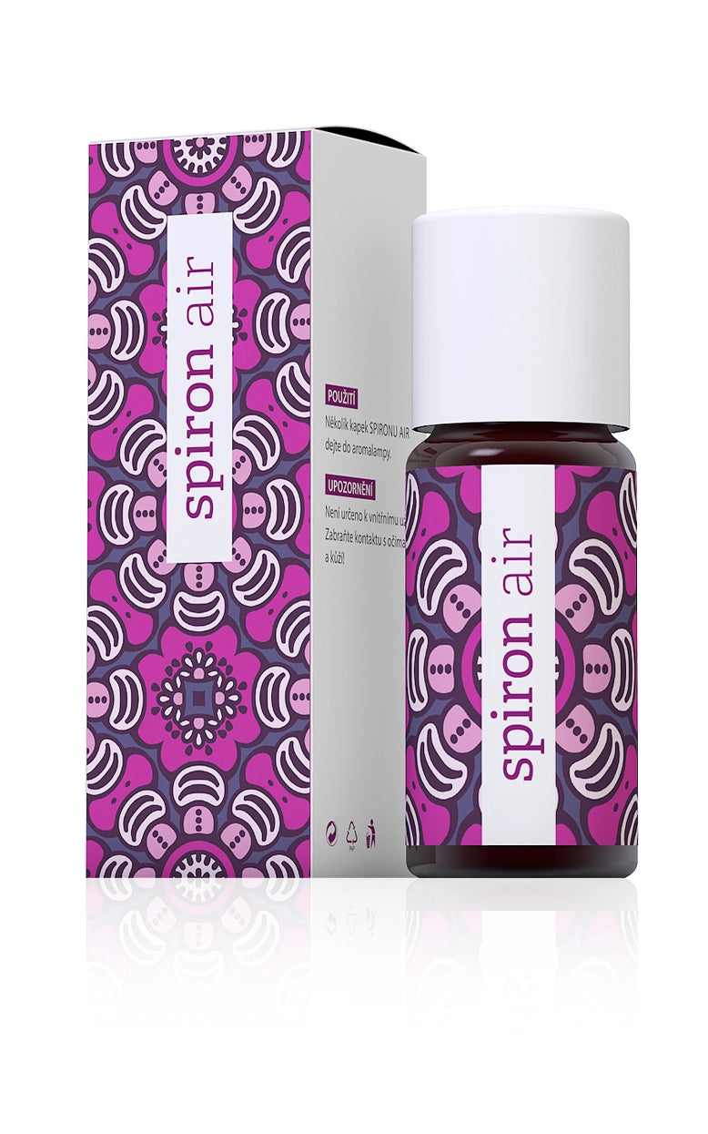 Spiron Air 10ml aromatherapy essential oil with decorative purple packaging, designed to disinfect air and promote relaxation.